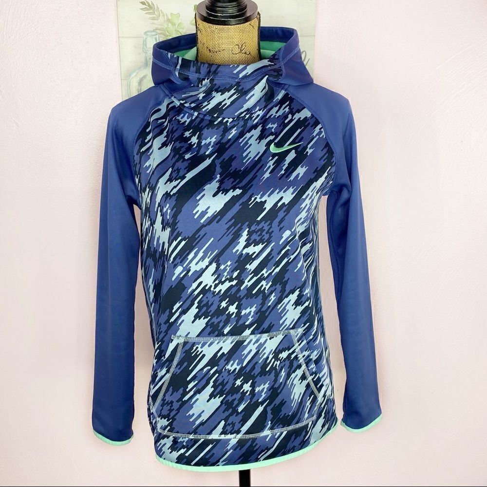 Nike Youth Therma Fit Hoodie Fleece Lined Blue Camouflage Hoody Shirt Girls XL
